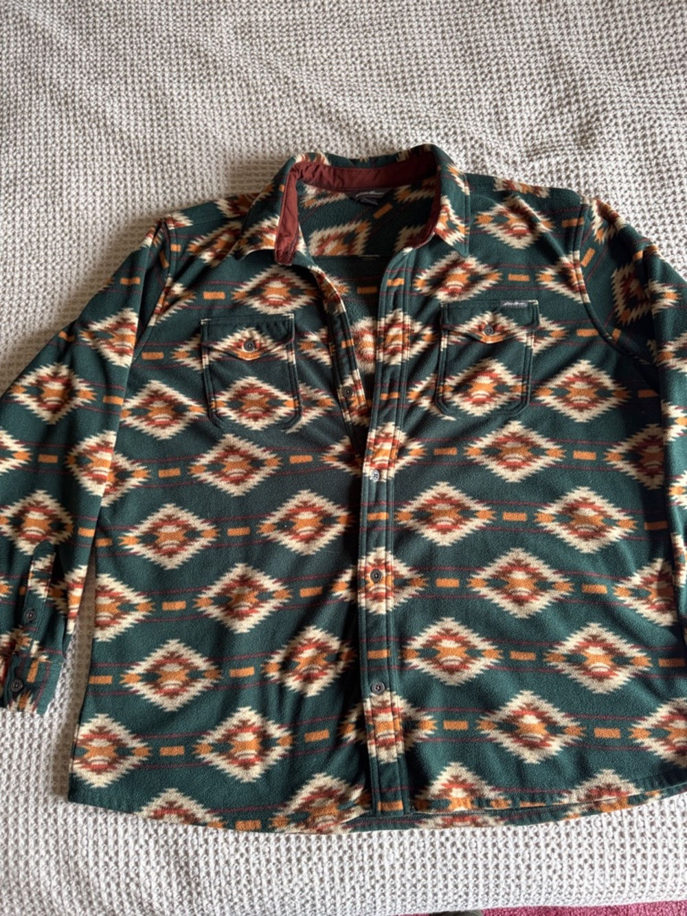 Eddie Bauer Dark Green Aztec-Pattern Fleece Shirt Jacket